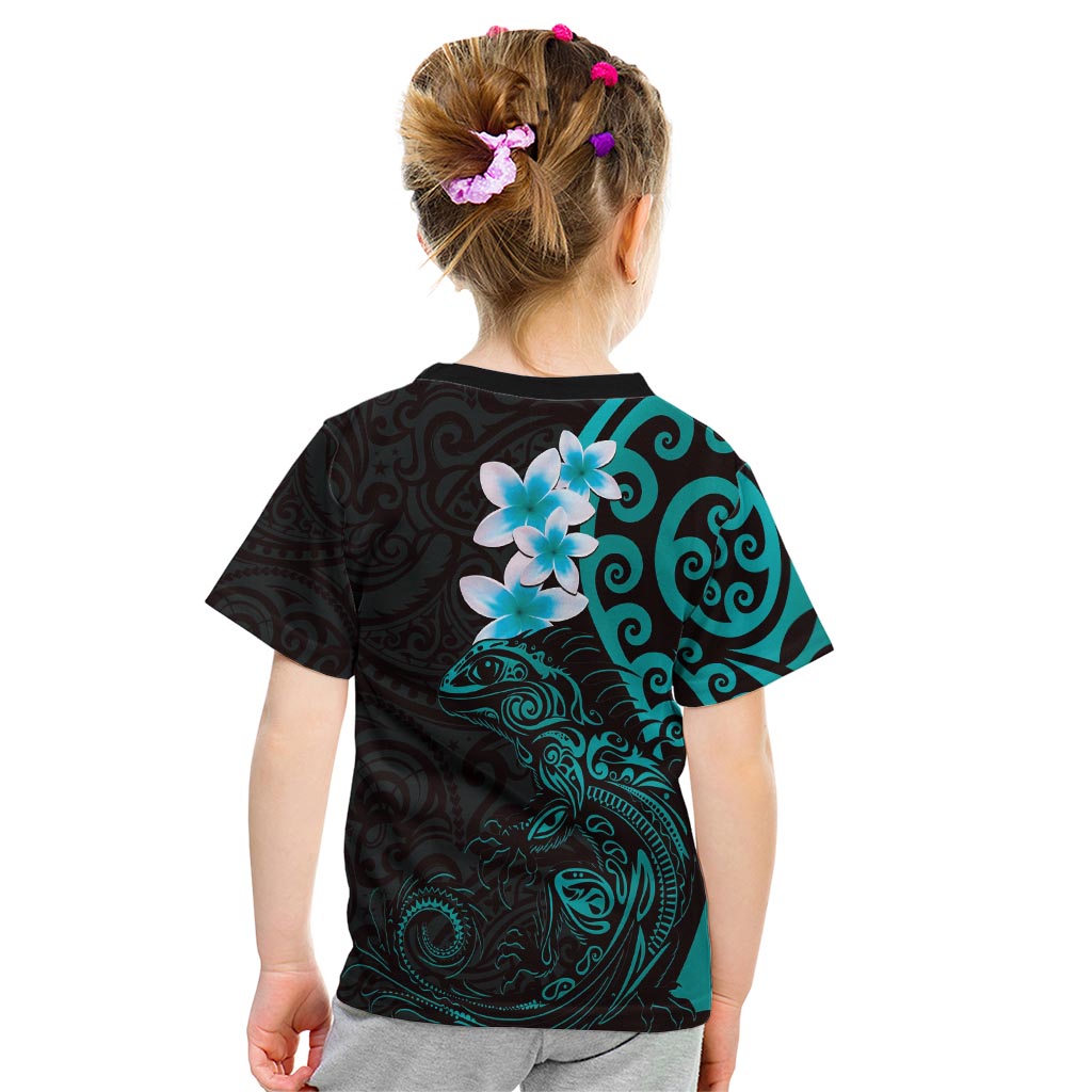New Zealand Tuatara Plumeria Kid T Shirt Maori Teal Koru Tribal Tattoo LT01 - Polynesian Pride