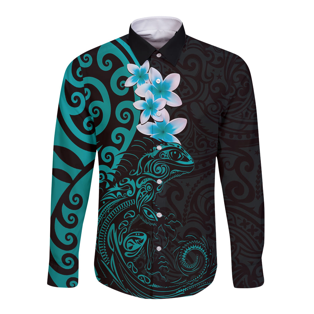 New Zealand Tuatara Plumeria Long Sleeve Button Shirt Maori Teal Koru Tribal Tattoo LT01 Unisex Teal - Polynesian Pride