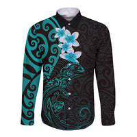 New Zealand Tuatara Plumeria Long Sleeve Button Shirt Maori Teal Koru Tribal Tattoo LT01 Unisex Teal - Polynesian Pride