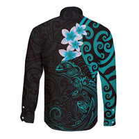 New Zealand Tuatara Plumeria Long Sleeve Button Shirt Maori Teal Koru Tribal Tattoo LT01 - Polynesian Pride