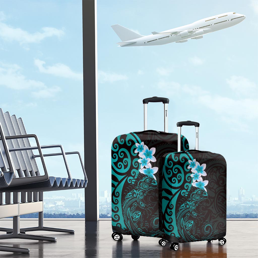 New Zealand Tuatara Plumeria Luggage Cover Maori Teal Koru Tribal Tattoo