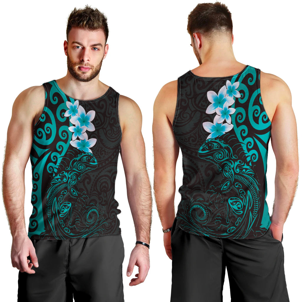 New Zealand Tuatara Plumeria Men Tank Top Maori Teal Koru Tribal Tattoo LT01 - Polynesian Pride