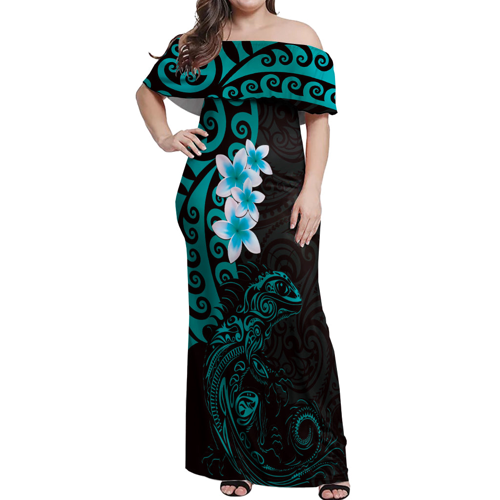 New Zealand Tuatara Plumeria Off Shoulder Maxi Dress Maori Teal Koru Tribal Tattoo LT01 Women Teal - Polynesian Pride