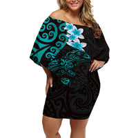 New Zealand Tuatara Plumeria Off Shoulder Short Dress Maori Teal Koru Tribal Tattoo LT01 Women Teal - Polynesian Pride