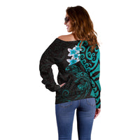New Zealand Tuatara Plumeria Off Shoulder Sweater Maori Teal Koru Tribal Tattoo LT01 - Polynesian Pride