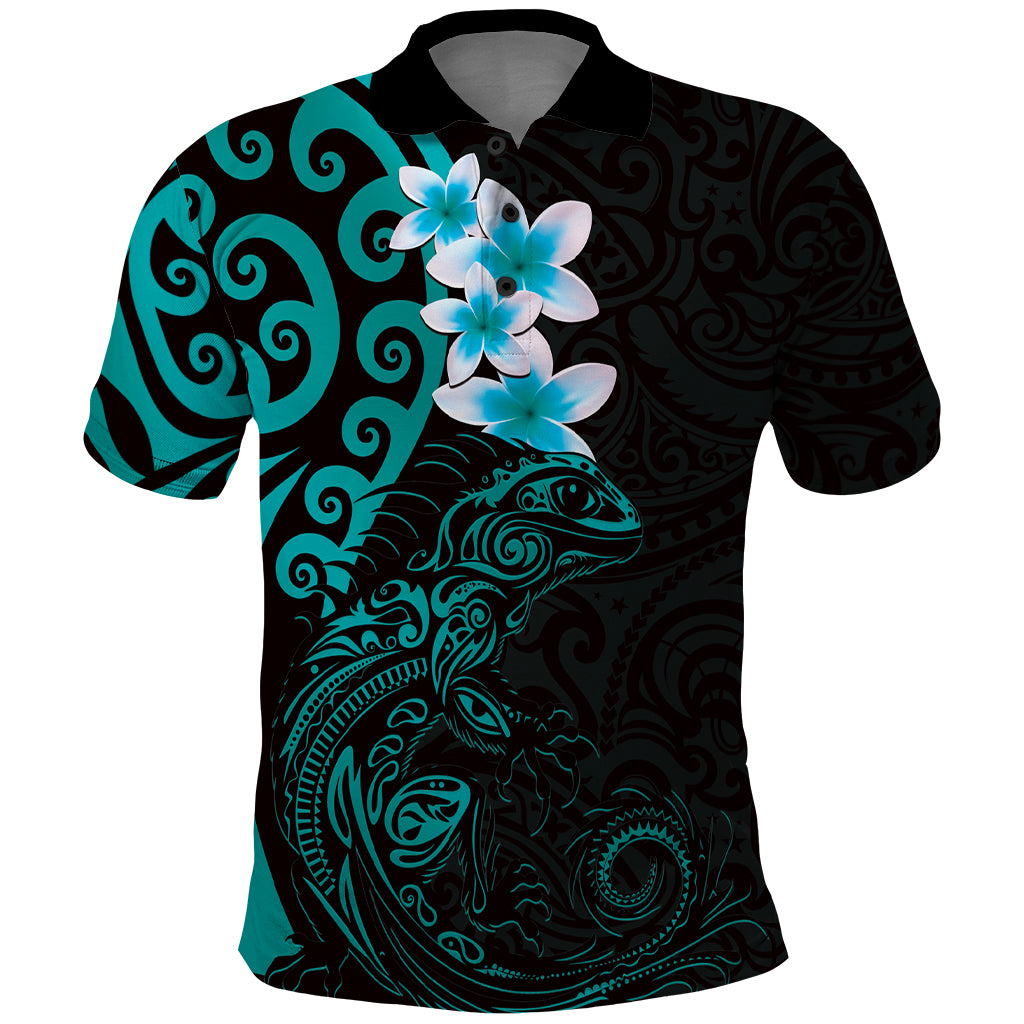 New Zealand Tuatara Plumeria Polo Shirt Maori Teal Koru Tribal Tattoo LT01 Teal - Polynesian Pride