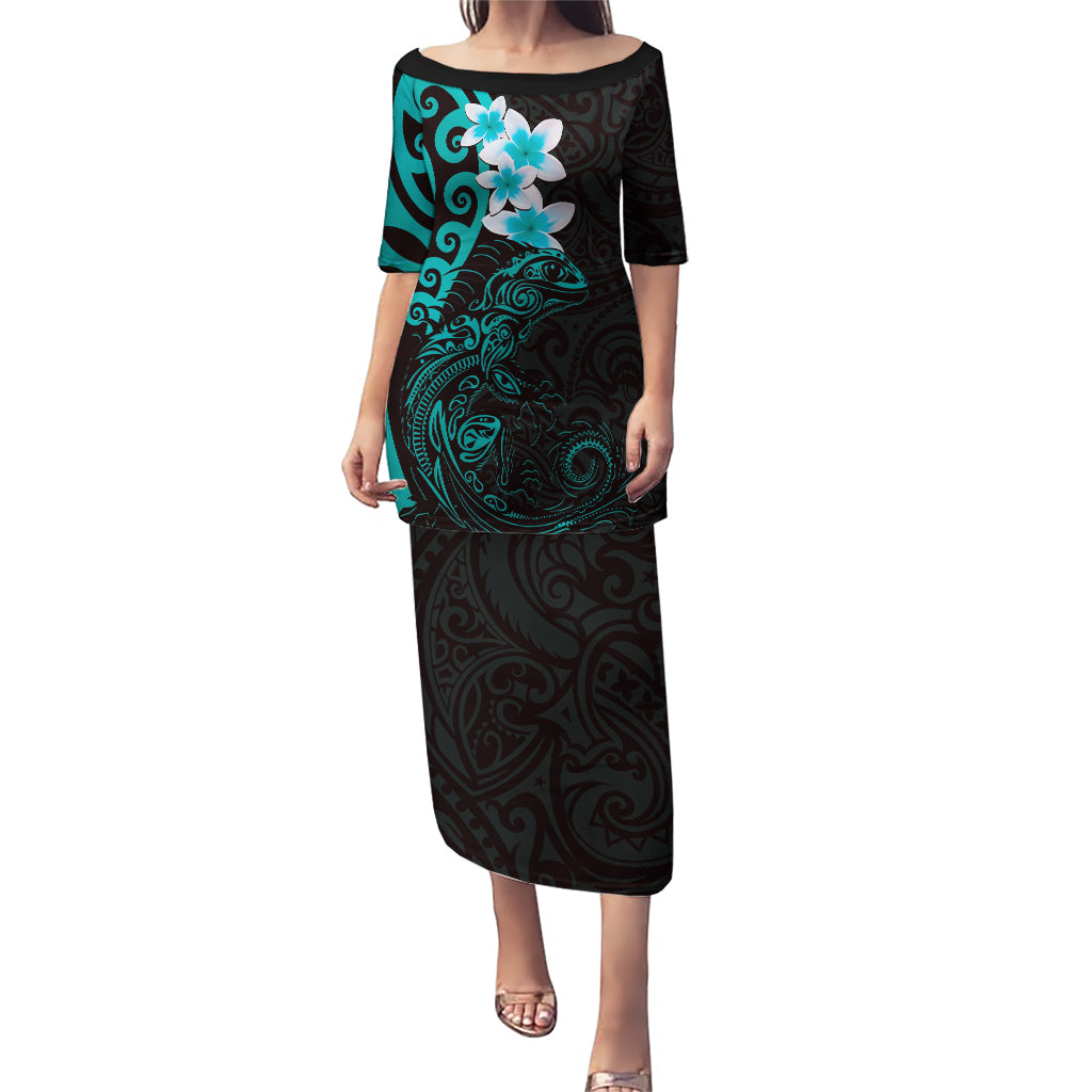 New Zealand Tuatara Plumeria Puletasi Maori Teal Koru Tribal Tattoo LT01 Long Dress Teal - Polynesian Pride