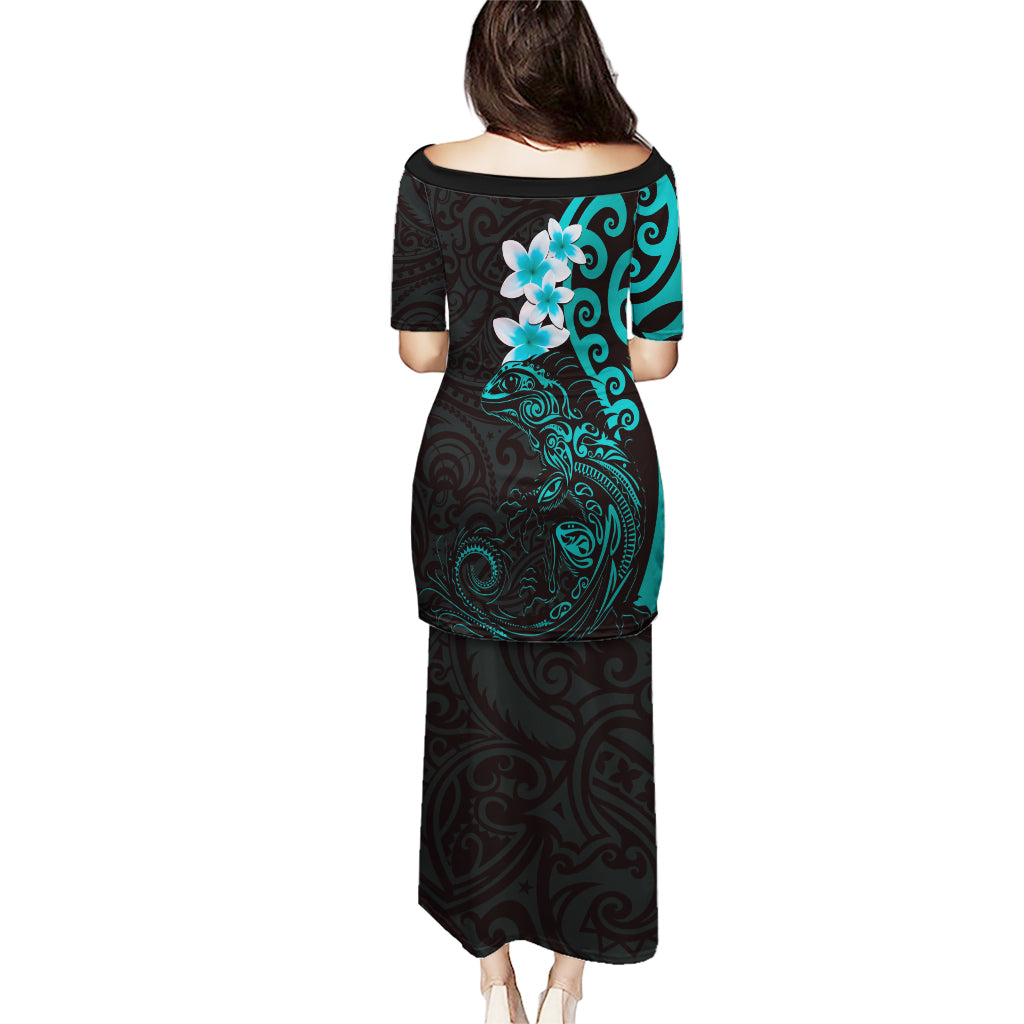 New Zealand Tuatara Plumeria Puletasi Maori Teal Koru Tribal Tattoo LT01 - Polynesian Pride