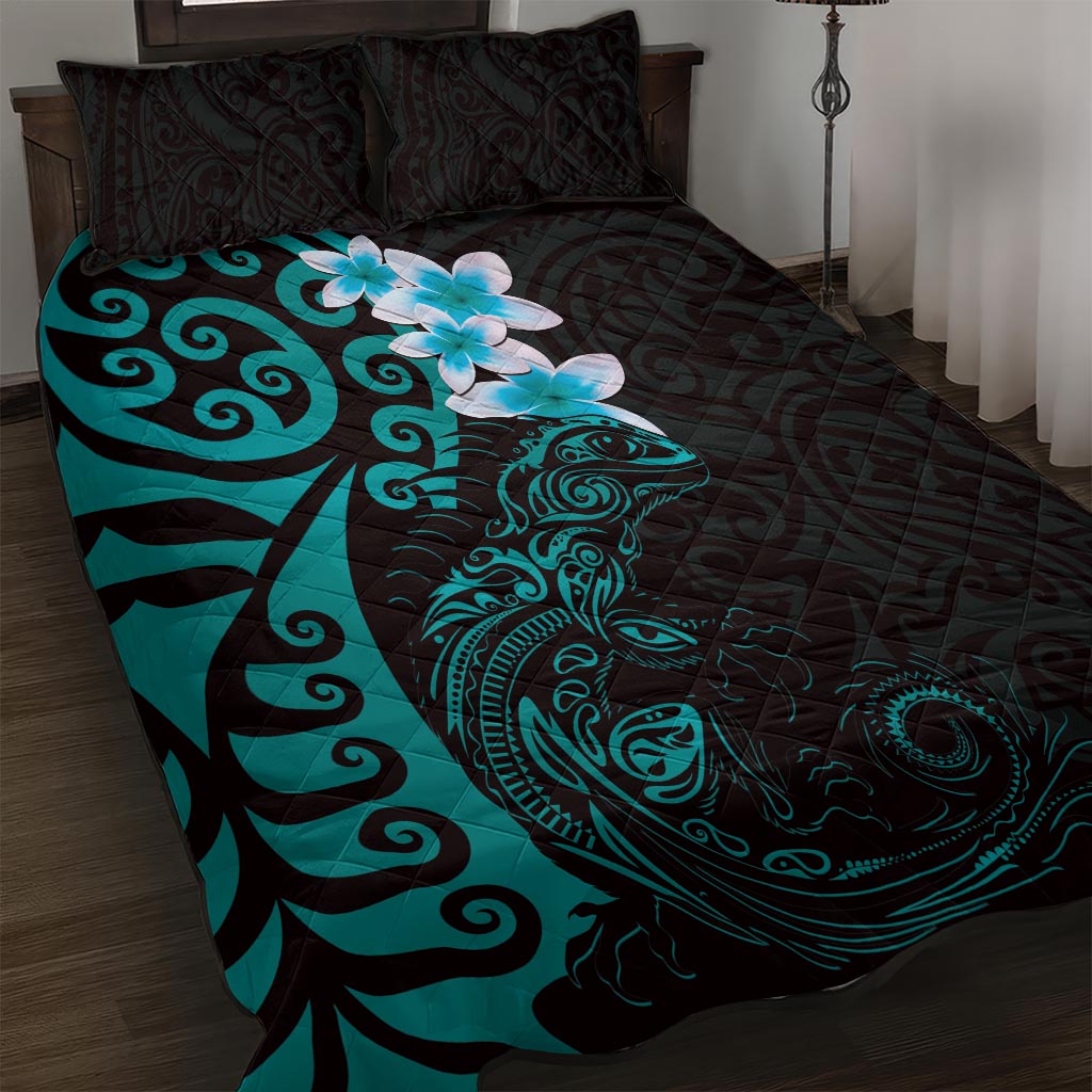 New Zealand Tuatara Plumeria Quilt Bed Set Maori Teal Koru Tribal Tattoo LT01 Teal - Polynesian Pride