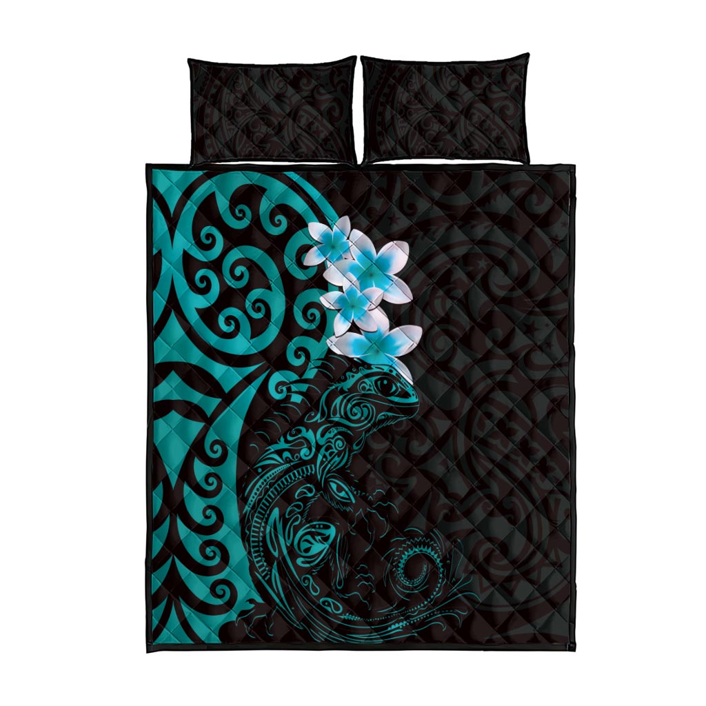New Zealand Tuatara Plumeria Quilt Bed Set Maori Teal Koru Tribal Tattoo LT01 - Polynesian Pride