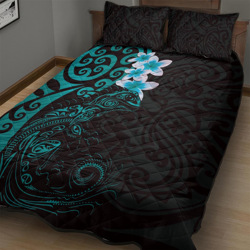 New Zealand Tuatara Plumeria Quilt Bed Set Maori Teal Koru Tribal Tattoo LT01 - Polynesian Pride
