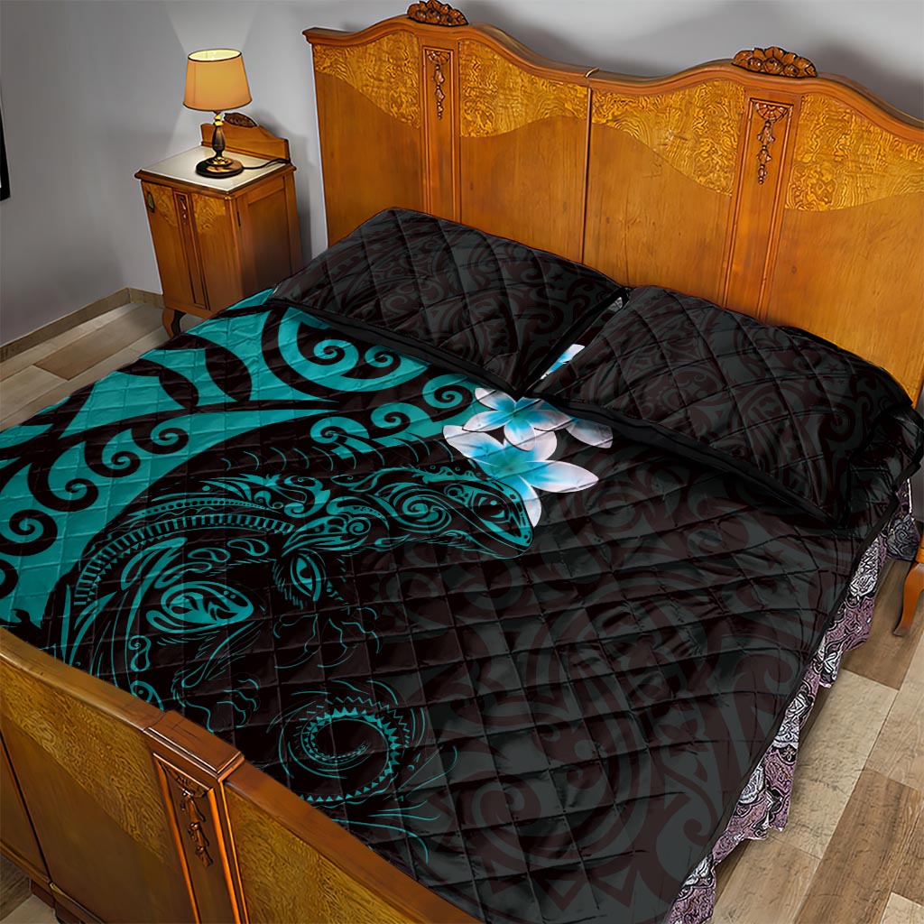New Zealand Tuatara Plumeria Quilt Bed Set Maori Teal Koru Tribal Tattoo LT01 - Polynesian Pride