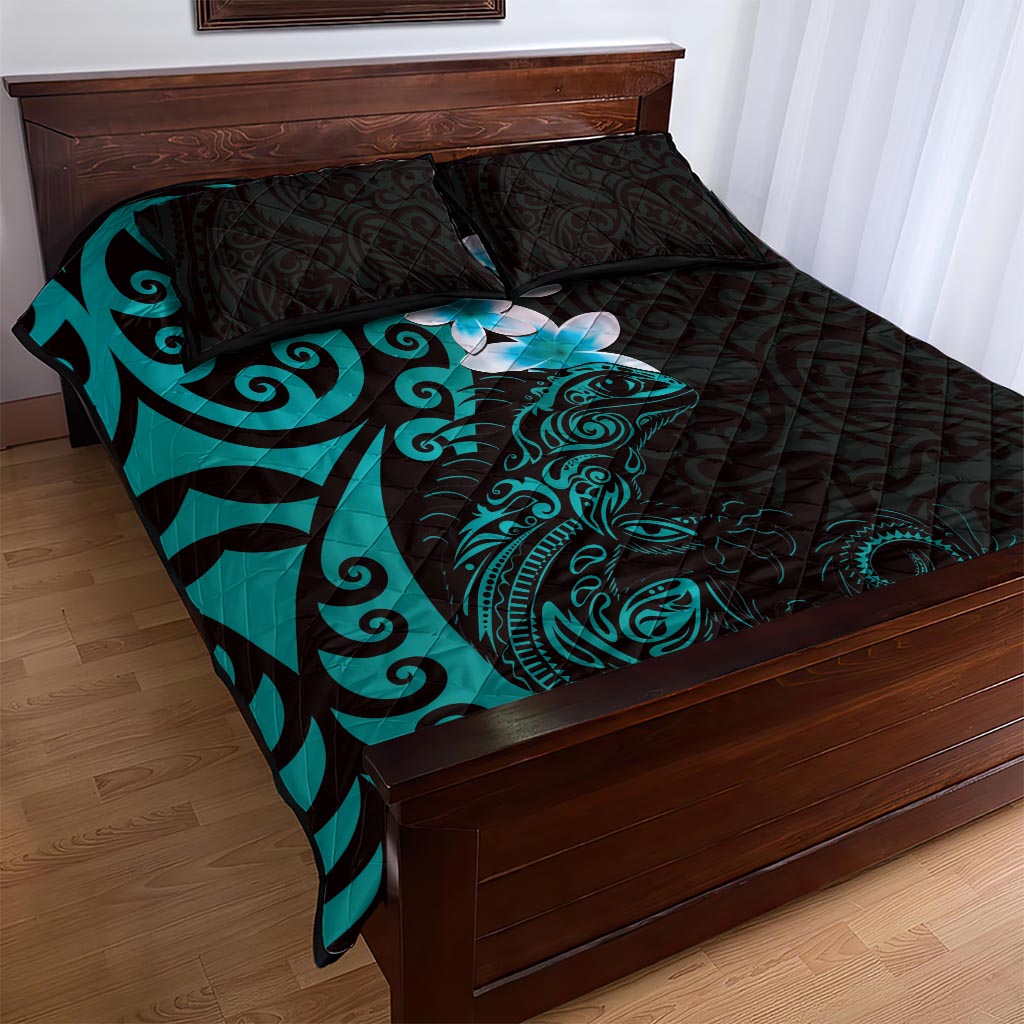New Zealand Tuatara Plumeria Quilt Bed Set Maori Teal Koru Tribal Tattoo LT01 - Polynesian Pride