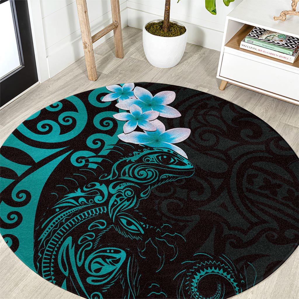 New Zealand Tuatara Plumeria Round Carpet Maori Teal Koru Tribal Tattoo LT01 Teal - Polynesian Pride