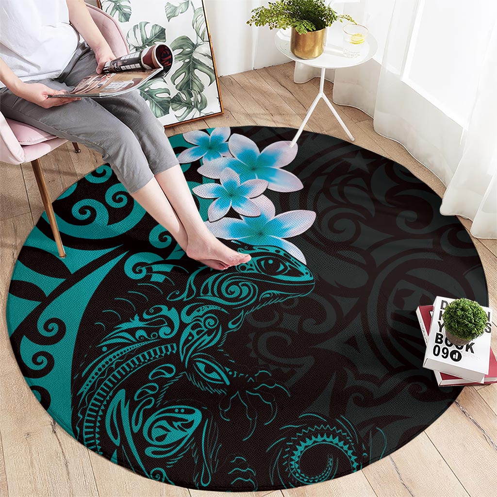 New Zealand Tuatara Plumeria Round Carpet Maori Teal Koru Tribal Tattoo LT01 - Polynesian Pride