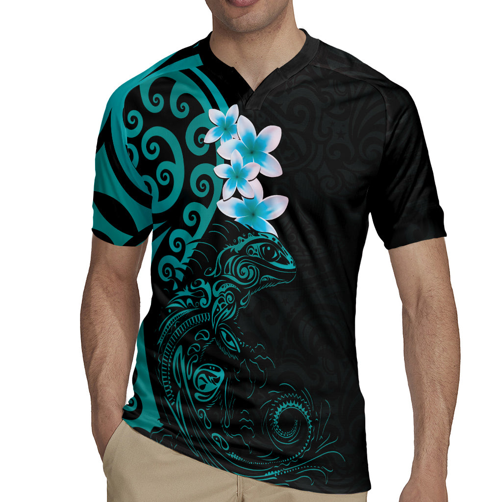 New Zealand Tuatara Plumeria Rugby Jersey Maori Teal Koru Tribal Tattoo LT01 - Polynesian Pride