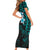 New Zealand Tuatara Plumeria Short Sleeve Bodycon Dress Maori Teal Koru Tribal Tattoo