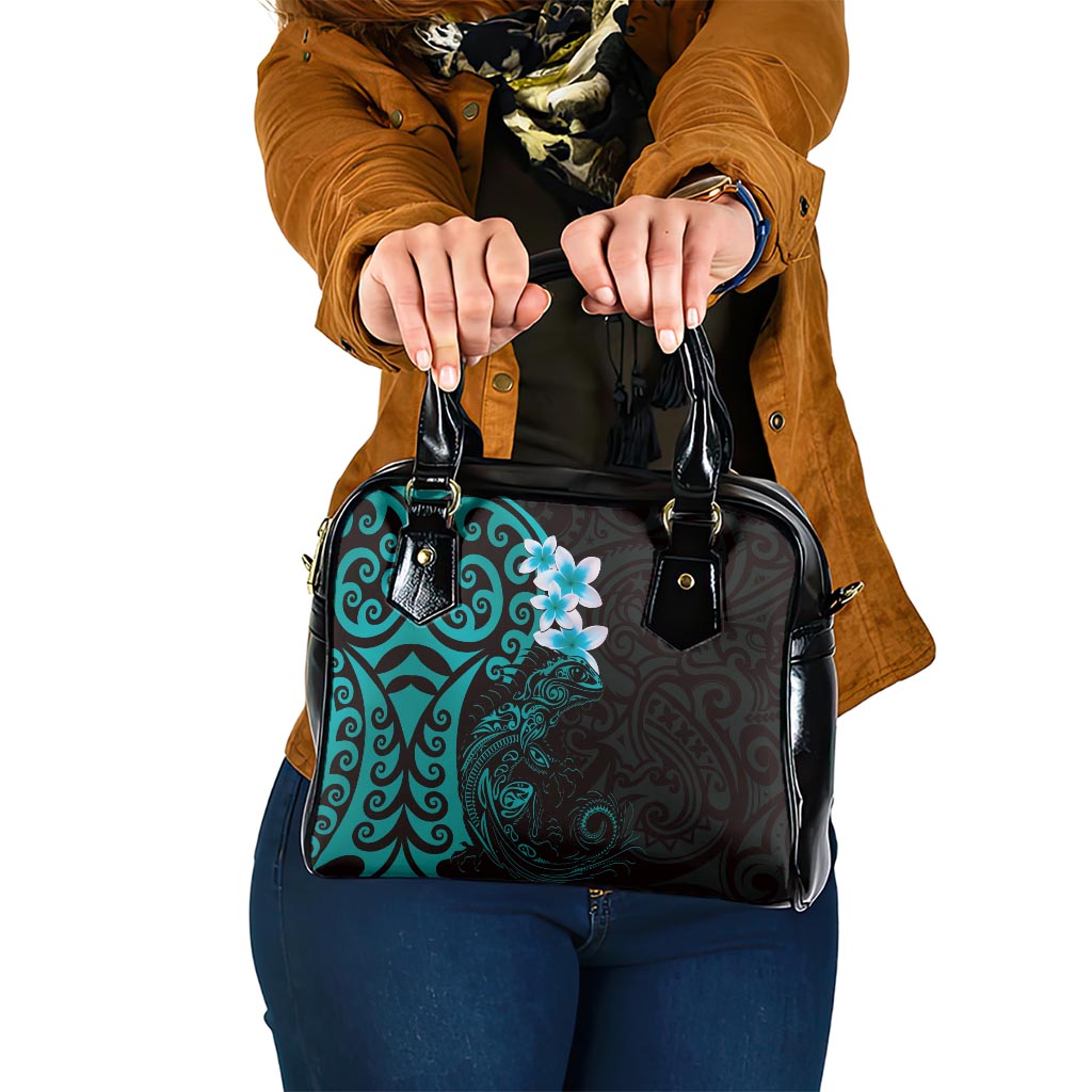New Zealand Tuatara Plumeria Shoulder Handbag Maori Teal Koru Tribal Tattoo LT01 One Size Teal - Polynesian Pride