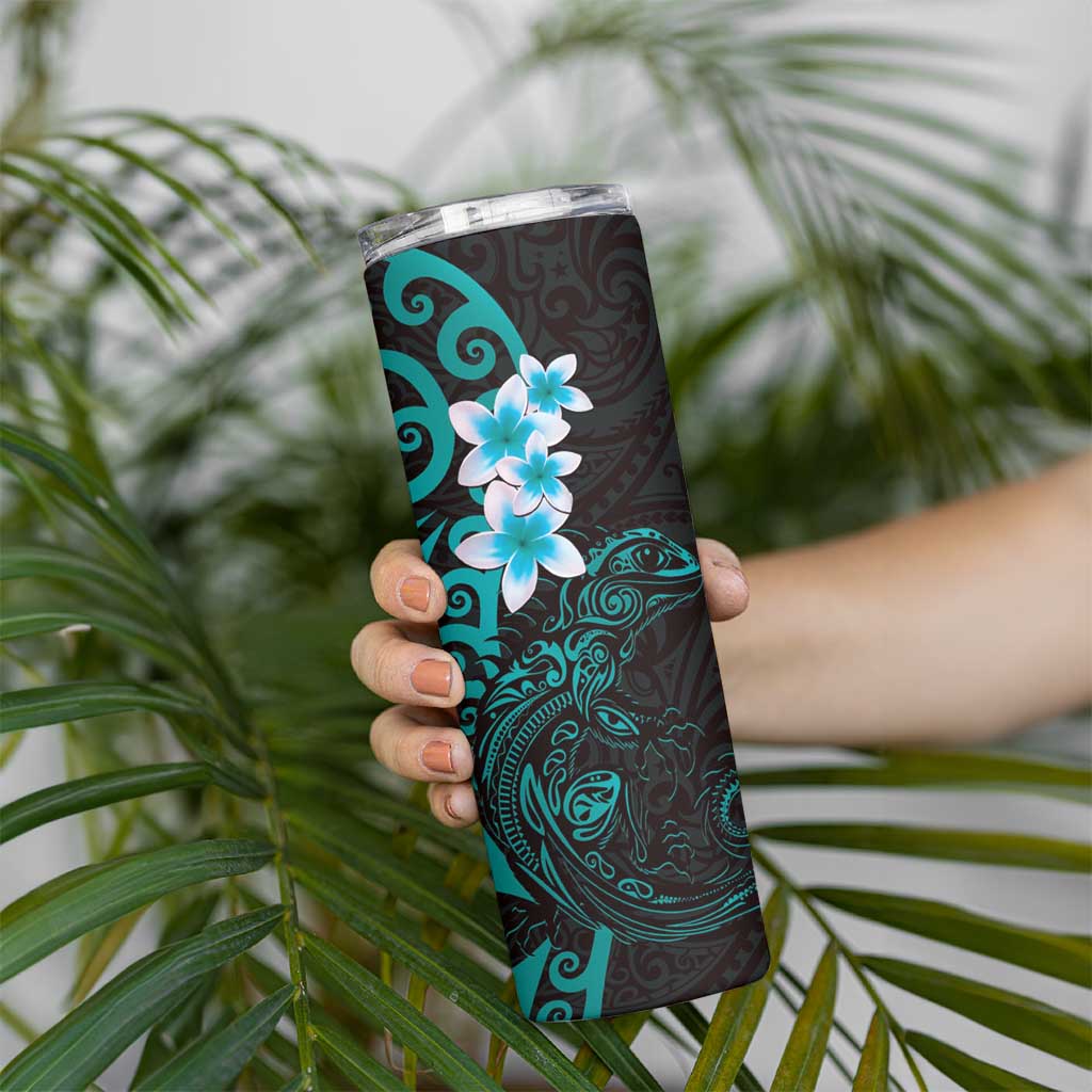 New Zealand Tuatara Plumeria Skinny Tumbler Maori Teal Koru Tribal Tattoo LT01 - Polynesian Pride