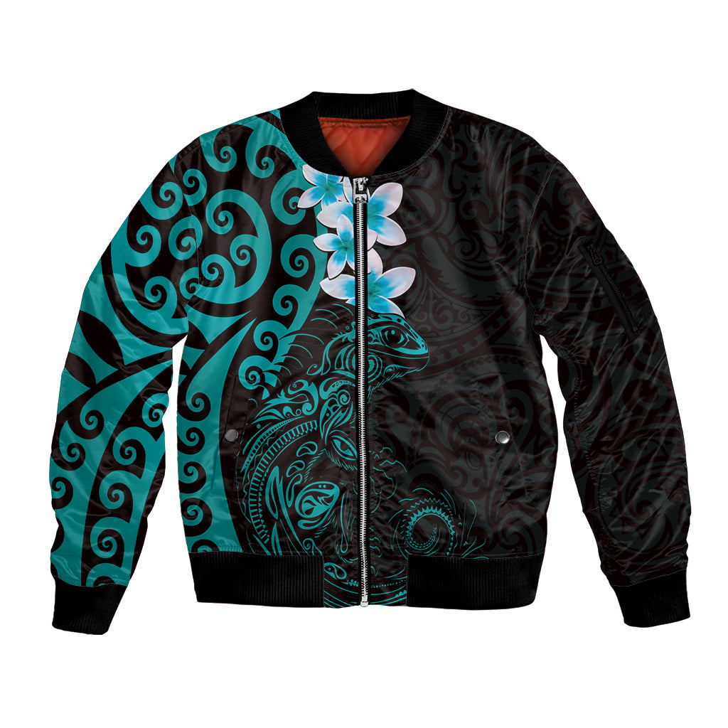 New Zealand Tuatara Plumeria Sleeve Zip Bomber Jacket Maori Teal Koru Tribal Tattoo LT01 Unisex Teal - Polynesian Pride