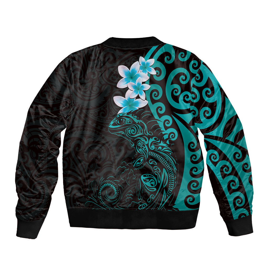 New Zealand Tuatara Plumeria Sleeve Zip Bomber Jacket Maori Teal Koru Tribal Tattoo LT01 - Polynesian Pride
