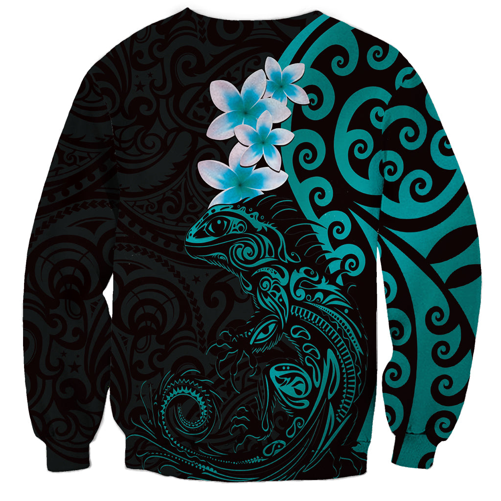 New Zealand Tuatara Plumeria Sweatshirt Maori Teal Koru Tribal Tattoo LT01 - Polynesian Pride