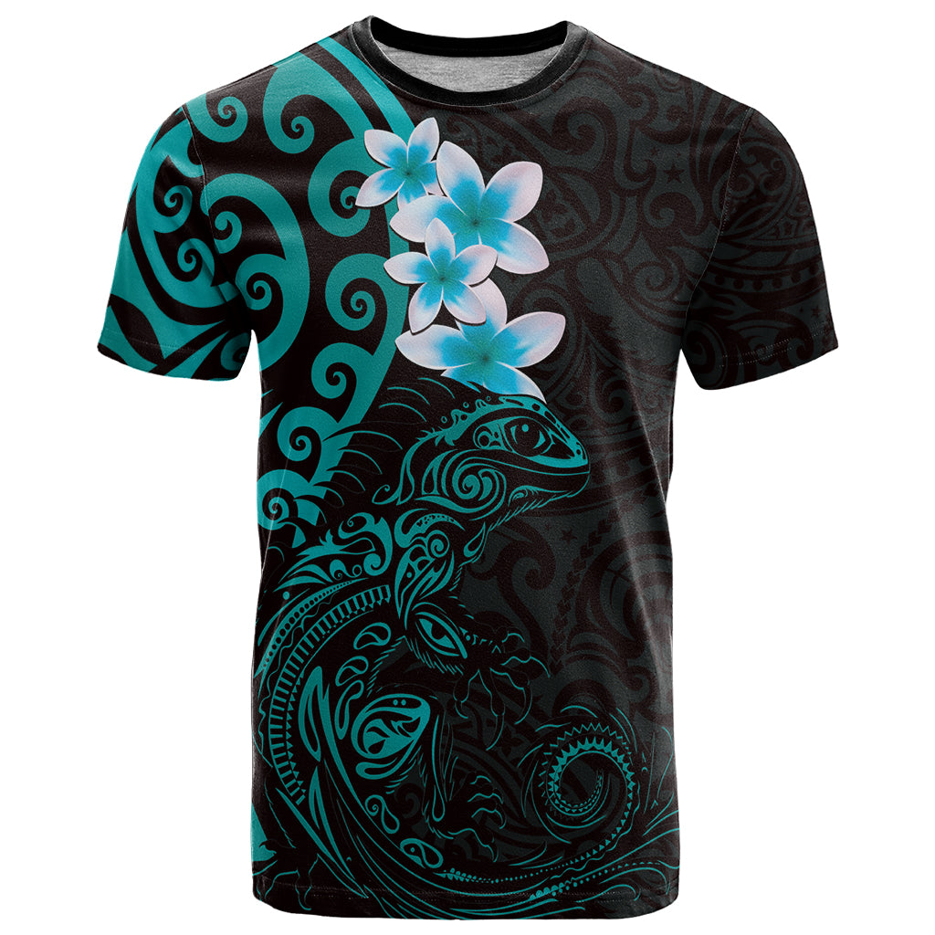 New Zealand Tuatara Plumeria T Shirt Maori Teal Koru Tribal Tattoo LT01 Teal - Polynesian Pride