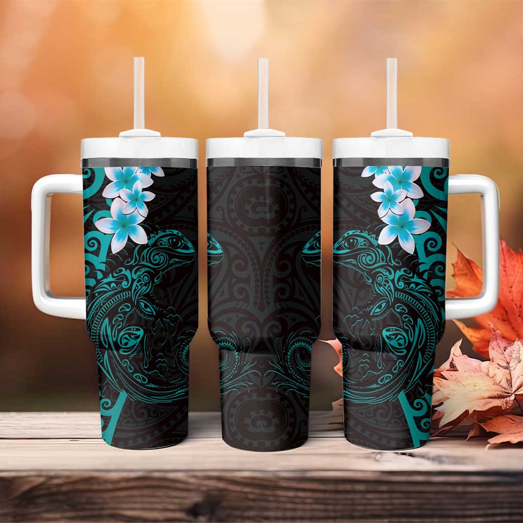 New Zealand Tuatara Plumeria Tumbler With Handle Maori Teal Koru Tribal Tattoo LT01 - Polynesian Pride