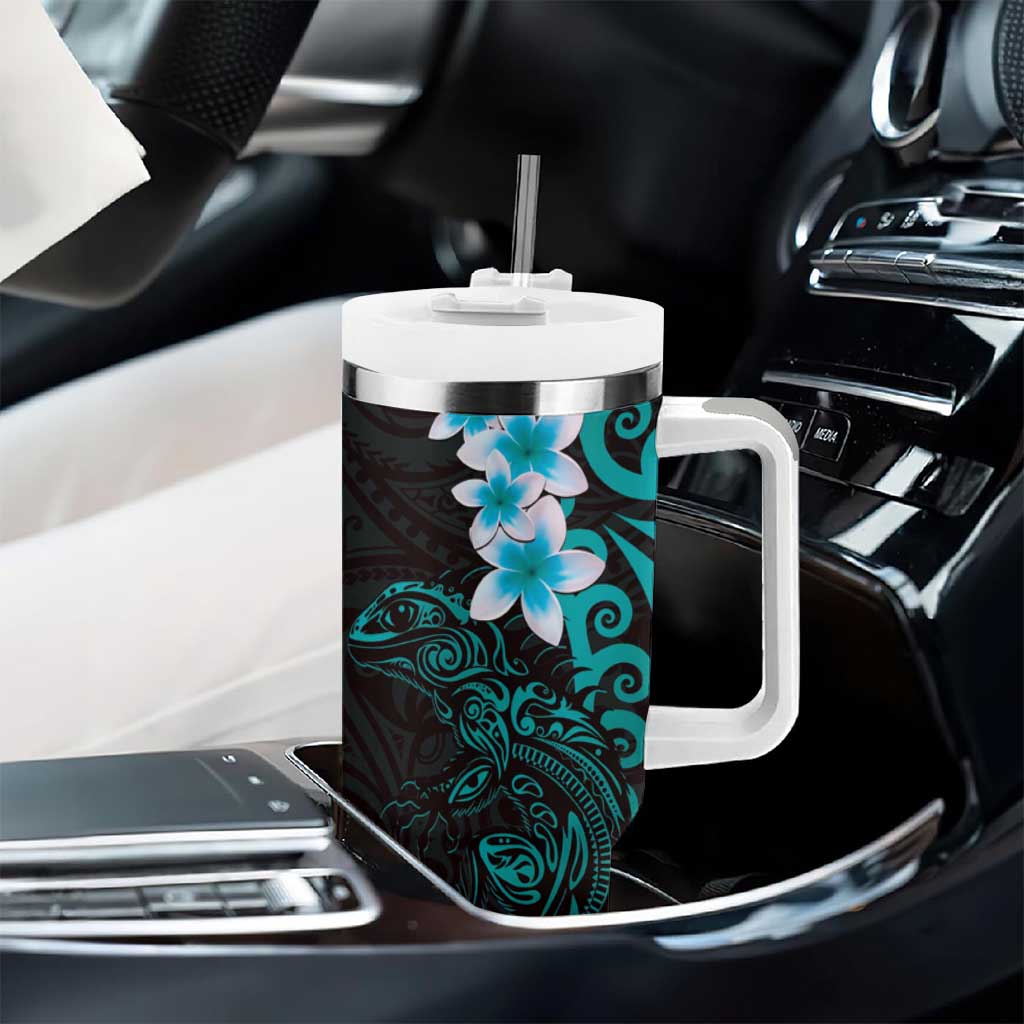 New Zealand Tuatara Plumeria Tumbler With Handle Maori Teal Koru Tribal Tattoo LT01 - Polynesian Pride