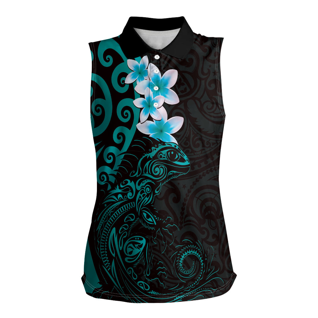 New Zealand Tuatara Plumeria Women Sleeveless Polo Shirt Maori Teal Koru Tribal Tattoo LT01 Female Teal - Polynesian Pride
