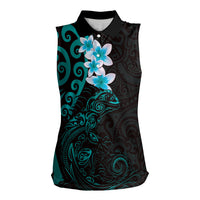 New Zealand Tuatara Plumeria Women Sleeveless Polo Shirt Maori Teal Koru Tribal Tattoo LT01 Female Teal - Polynesian Pride