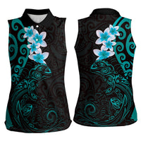 New Zealand Tuatara Plumeria Women Sleeveless Polo Shirt Maori Teal Koru Tribal Tattoo LT01 - Polynesian Pride