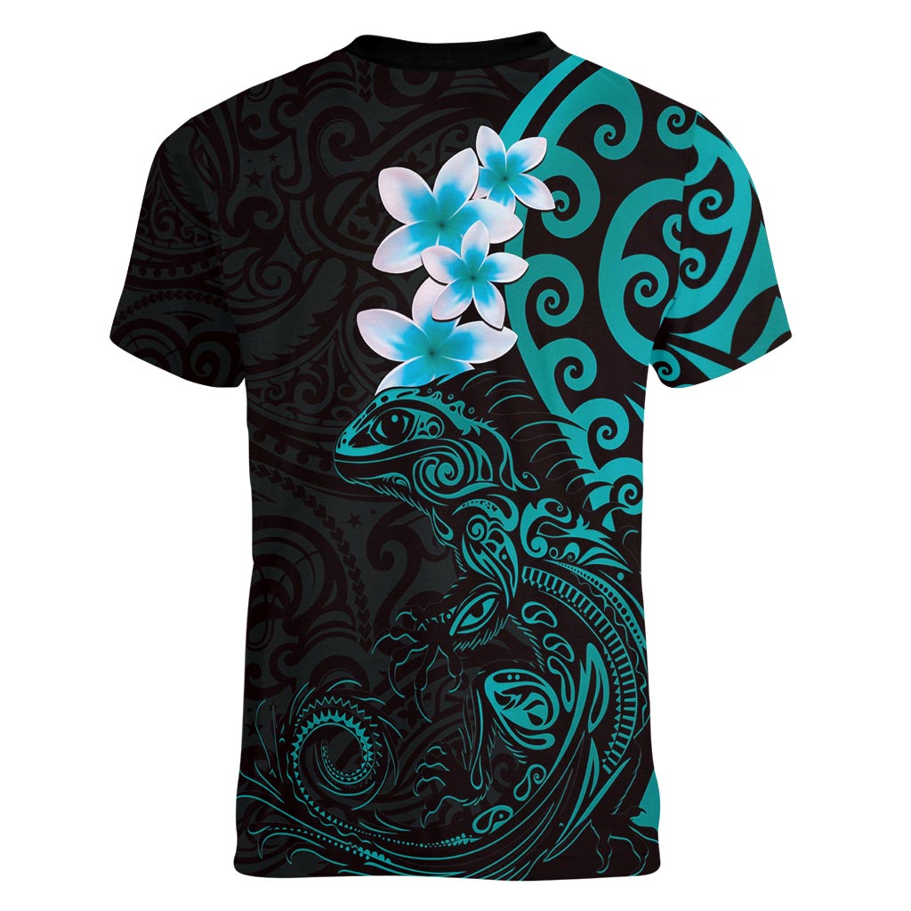 New Zealand Tuatara Plumeria Women V-Neck T-Shirt Maori Teal Koru Tribal Tattoo LT01 - Polynesian Pride