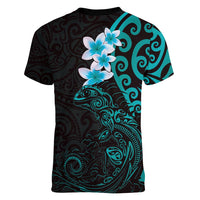 New Zealand Tuatara Plumeria Women V-Neck T-Shirt Maori Teal Koru Tribal Tattoo LT01 - Polynesian Pride