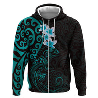 New Zealand Tuatara Plumeria Zip Hoodie Maori Teal Koru Tribal Tattoo LT01 Zip Hoodie Teal - Polynesian Pride