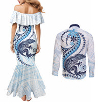 Blue Maori Tuatara Couples Matching Mermaid Dress and Long Sleeve Button Shirt Luxury Pastel Pattern LT01 - Polynesian Pride
