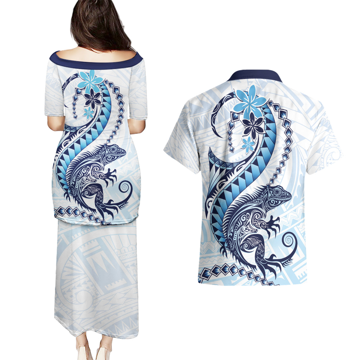 Blue Maori Tuatara Couples Matching Puletasi and Hawaiian Shirt Luxury Pastel Pattern