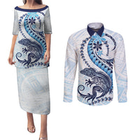 Blue Maori Tuatara Couples Matching Puletasi and Long Sleeve Button Shirt Luxury Pastel Pattern LT01 Blue - Polynesian Pride