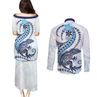 Blue Maori Tuatara Couples Matching Puletasi and Long Sleeve Button Shirt Luxury Pastel Pattern LT01 - Polynesian Pride