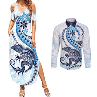 Blue Maori Tuatara Couples Matching Summer Maxi Dress and Long Sleeve Button Shirt Luxury Pastel Pattern