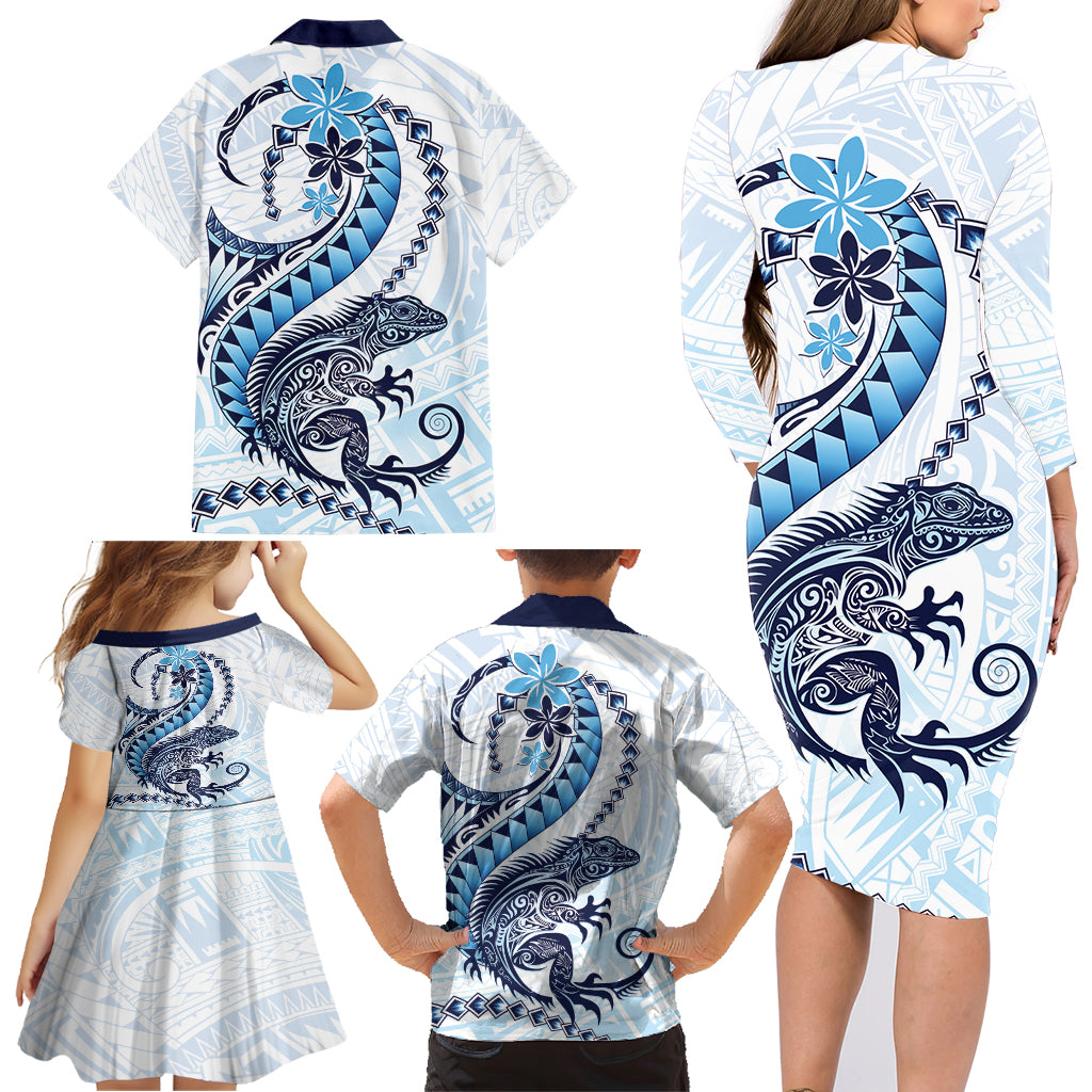Blue Maori Tuatara Family Matching Long Sleeve Bodycon Dress and Hawaiian Shirt Luxury Pastel Pattern LT01 - Polynesian Pride