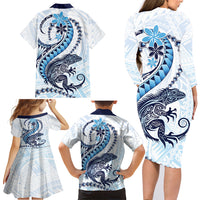 Blue Maori Tuatara Family Matching Long Sleeve Bodycon Dress and Hawaiian Shirt Luxury Pastel Pattern LT01 - Polynesian Pride