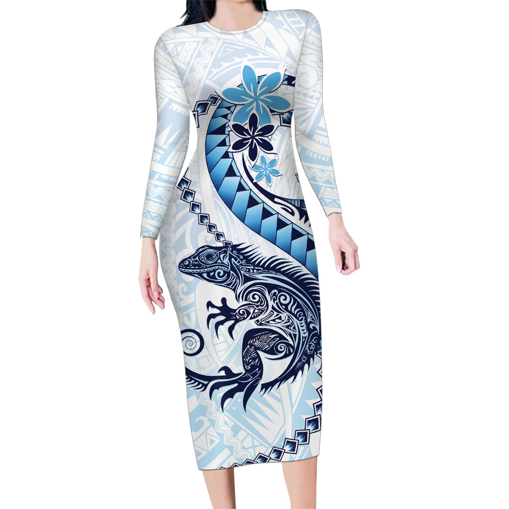 Blue Maori Tuatara Family Matching Long Sleeve Bodycon Dress and Hawaiian Shirt Luxury Pastel Pattern LT01 Mom's Dress Blue - Polynesian Pride