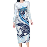 Blue Maori Tuatara Family Matching Long Sleeve Bodycon Dress and Hawaiian Shirt Luxury Pastel Pattern LT01 Mom's Dress Blue - Polynesian Pride