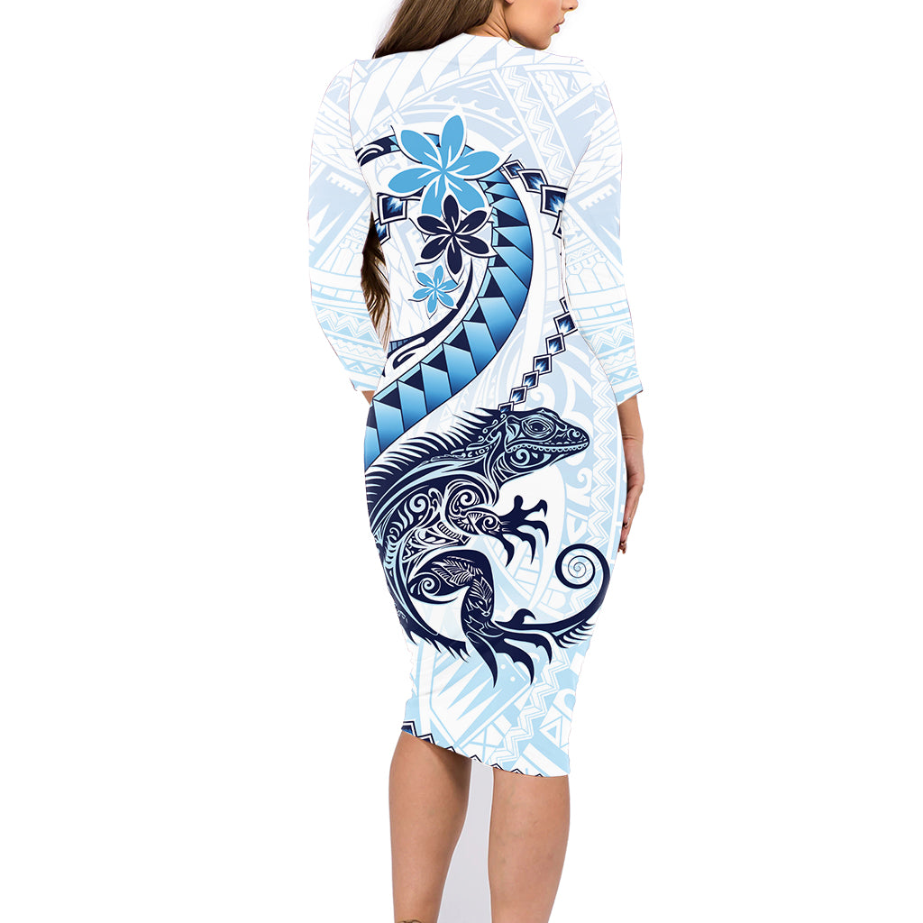 Blue Maori Tuatara Family Matching Long Sleeve Bodycon Dress and Hawaiian Shirt Luxury Pastel Pattern LT01 - Polynesian Pride
