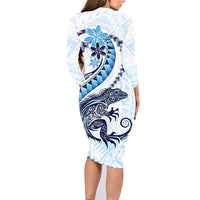 Blue Maori Tuatara Family Matching Long Sleeve Bodycon Dress and Hawaiian Shirt Luxury Pastel Pattern LT01 - Polynesian Pride