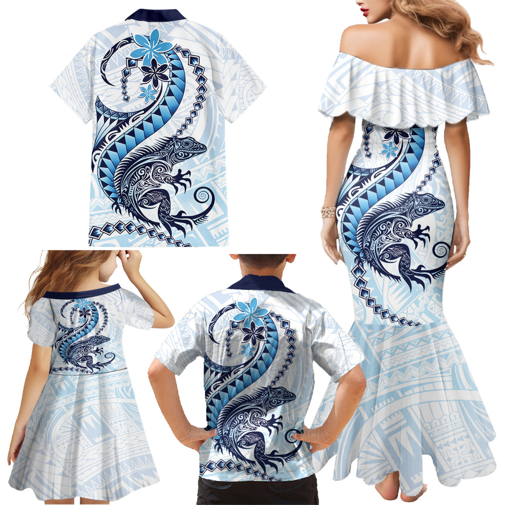 Blue Maori Tuatara Family Matching Mermaid Dress and Hawaiian Shirt Luxury Pastel Pattern LT01 - Polynesian Pride