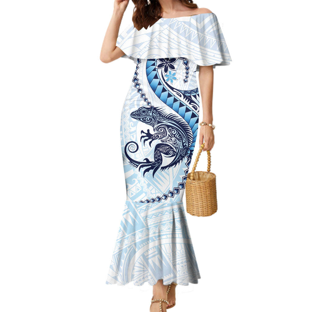 Blue Maori Tuatara Family Matching Mermaid Dress and Hawaiian Shirt Luxury Pastel Pattern LT01 Mom's Dress Blue - Polynesian Pride