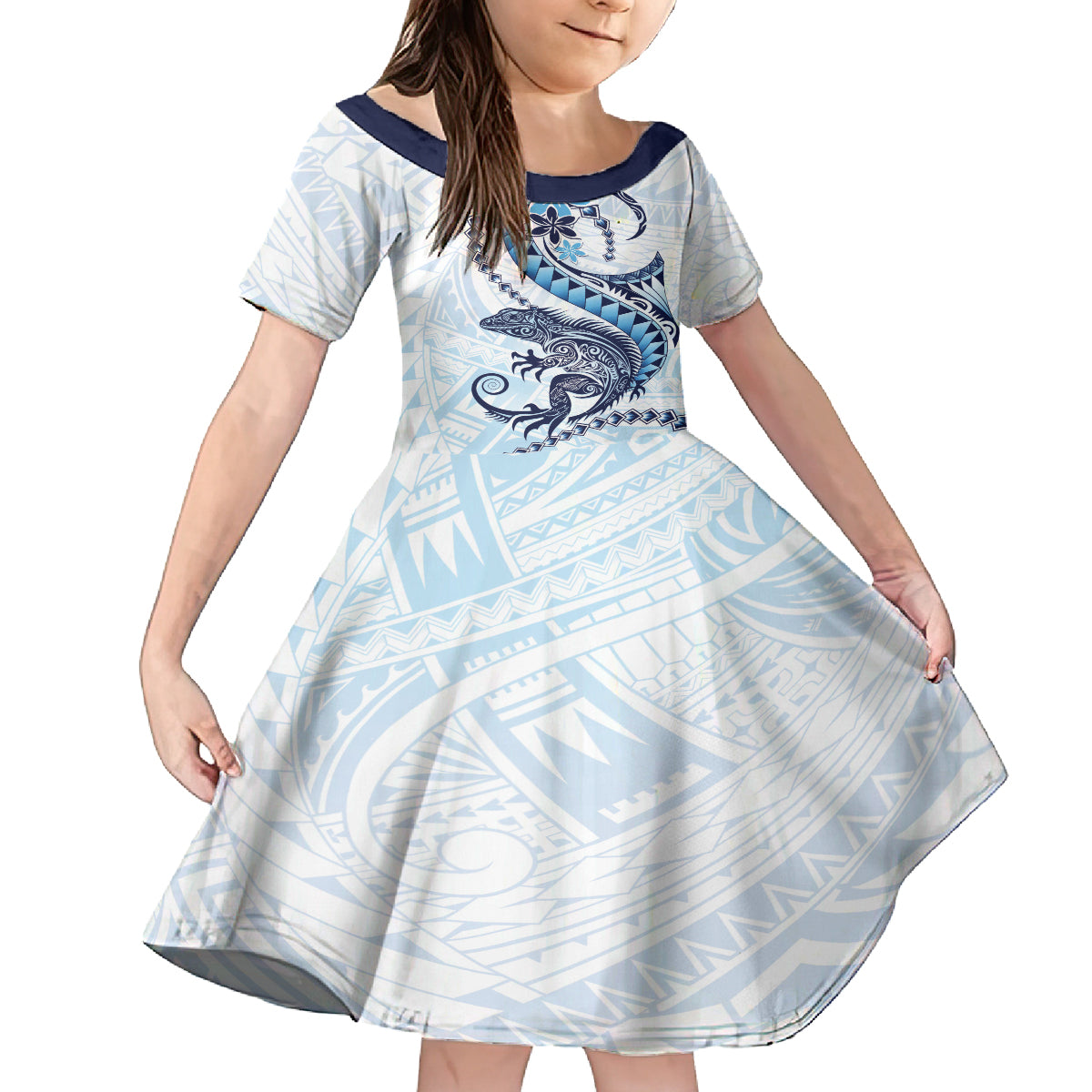 Blue Maori Tuatara Family Matching Off The Shoulder Long Sleeve Dress and Hawaiian Shirt Luxury Pastel Pattern LT01 Daughter's Dress Blue - Polynesian Pride