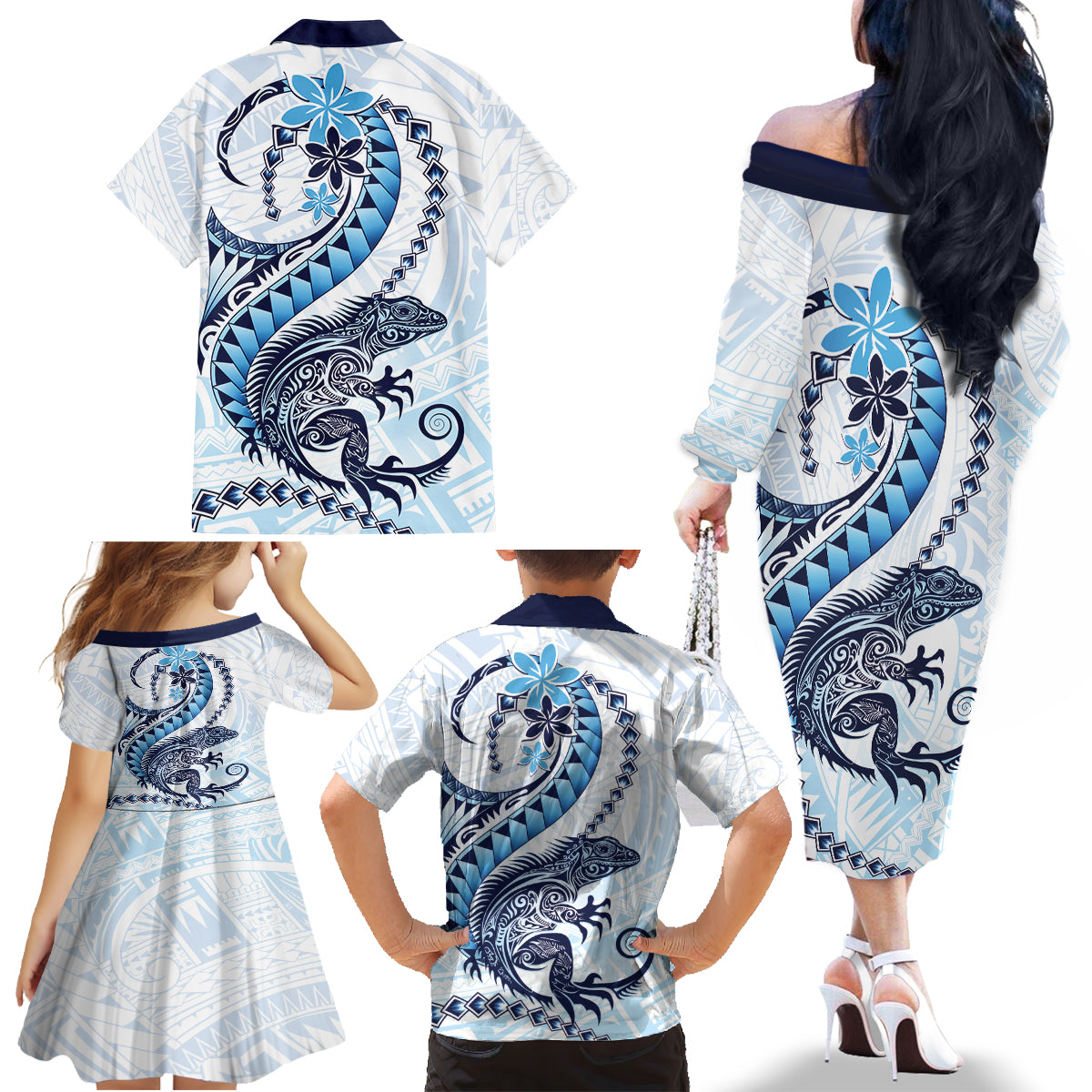 Blue Maori Tuatara Family Matching Off The Shoulder Long Sleeve Dress and Hawaiian Shirt Luxury Pastel Pattern LT01 - Polynesian Pride